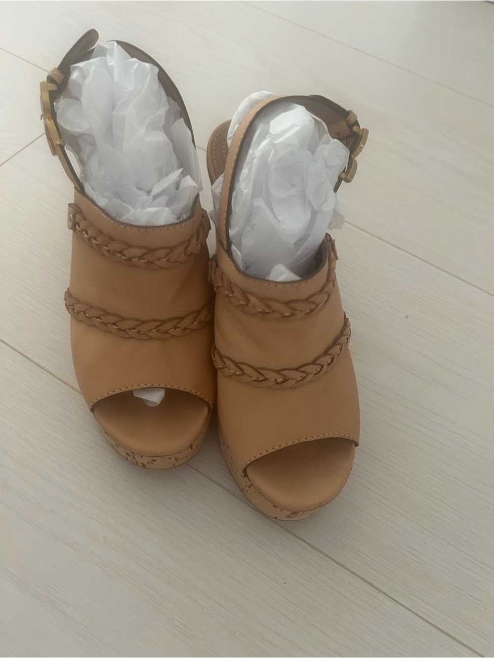 Chloe Tan Braided Leather Peep-Toe Sandals w cork wedge